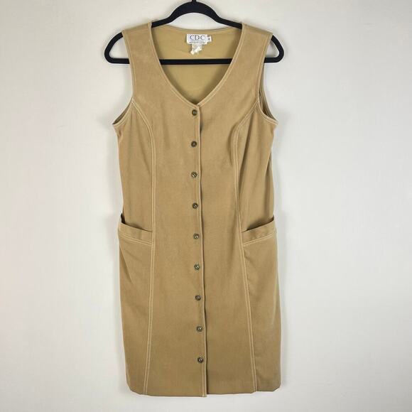 Vintage 90’s tan button up dress with pockets back buckle like design size 6-8 - Picture 1 of 6
